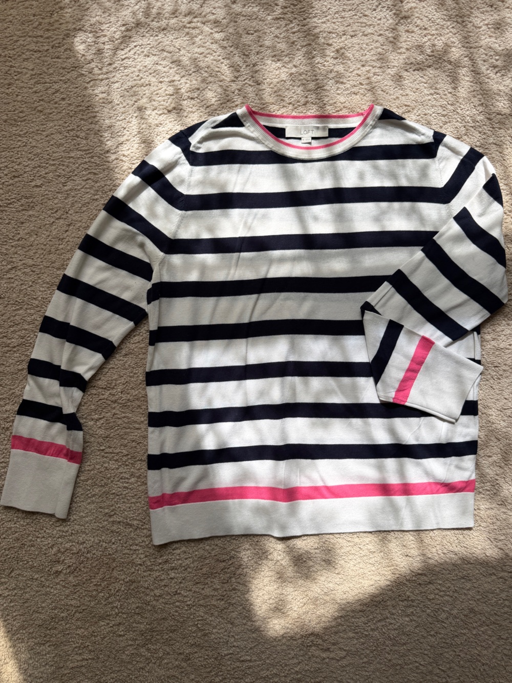 LOFT Navy, White & Pink Striped Crewneck Sweater